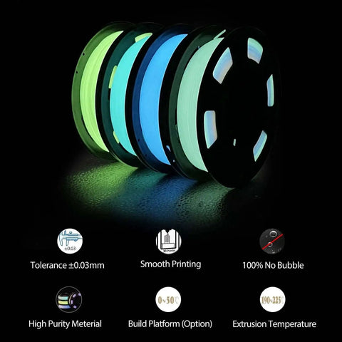 Glow In The Dark Multicolor PLA Filament Bundle 1.75mm 4 Pack 250g Each For 3D Printing In Green Blue And Teal Dimensional Accuracy About 0.03mm