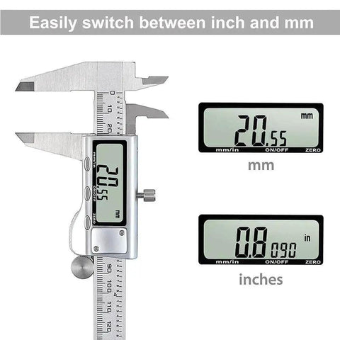 Stainless Steel Digital Caliper With Large LCD Screen For Precise 0 To 150mm Measurements showing inch and millimeter conversion