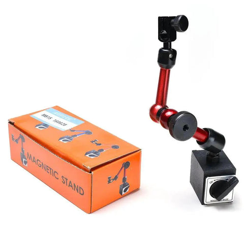 3 Joint Red Adjustable Magnetic Base Holder For Digital Dial Indicator AGPtek With On Off Move Base next to packaging.