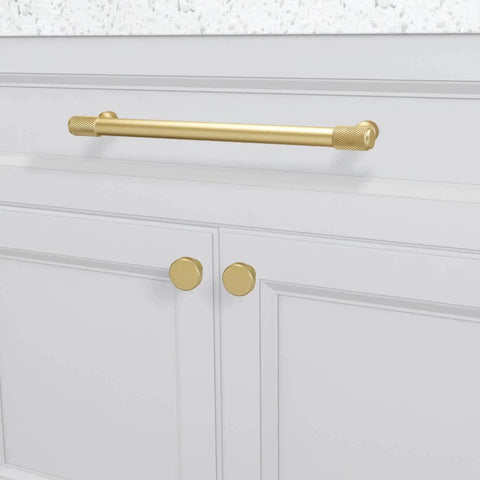 10 Pack Brushed Gold Cabinet Knobs With Gold Knurled Drawer Pulls Solid Kitchen Hardware for cabinets, shown on white doors.
