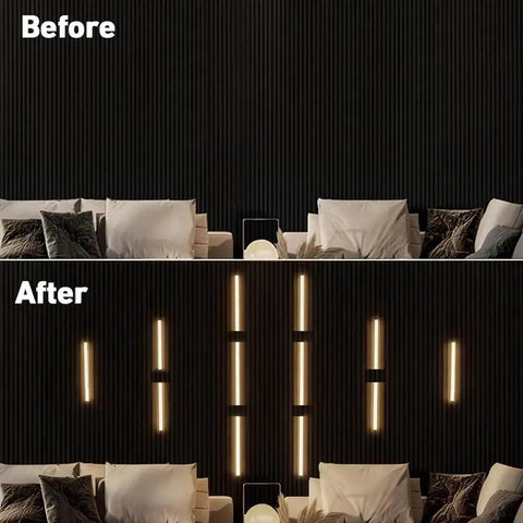 Before and after wood slat wall with Linkable 15 Foot CCT COB LED Light Bar Kit With 12 Bars 2700K To 6500K Tunable White lighting installation