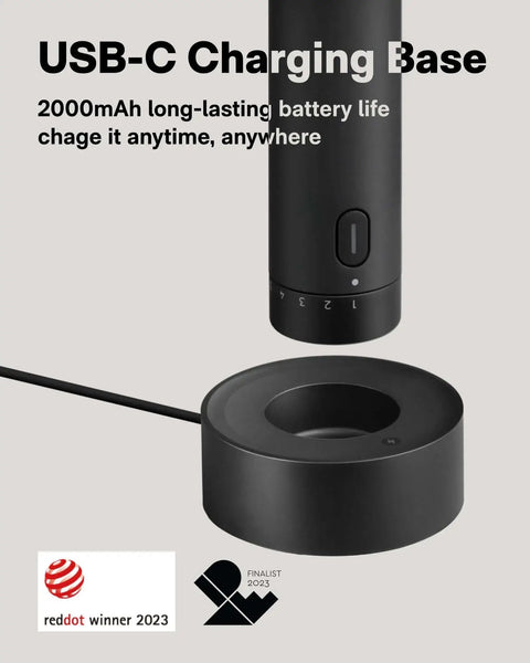 Black USB-C charging base for cordless rotary tool kit with five speed settings up to 25000 RPM, shown with circular dock.