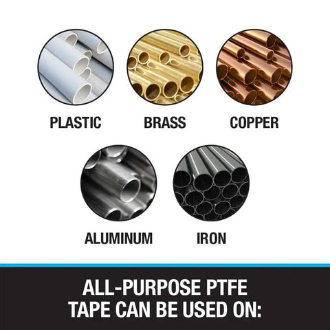 Image showing types of pipes: plastic, brass, copper, aluminum, iron for PTFE Thread Seal Tape Half Inch By 260 Inches White And Blue Spool.