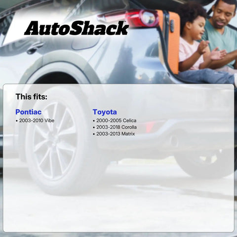 Rear view of a car with fitment information for Pontiac 2003-2010 Vibe and Toyota 2000-2018 Corolla, Celica, Matrix displayed.