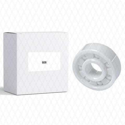 MR104 ceramic bearing, 4x10x3 mm, white bearing with visible balls beside a white box labeled 608