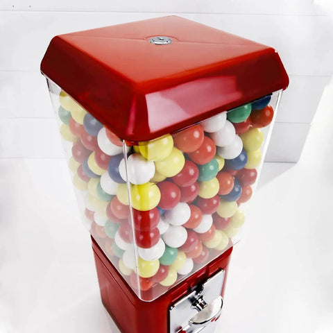 Red gumball machine filled with colorful gumballs, secured by a lock, compatible with Universal Gumball Machine Keys Replacement.