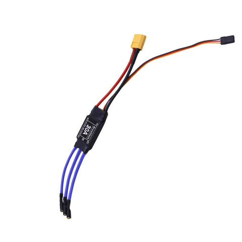 30A Brushless ESC Motor Controller For RC Cars, Drones, And Helicopters With 30A Continuous And 40A Peak, XT60 connector visible