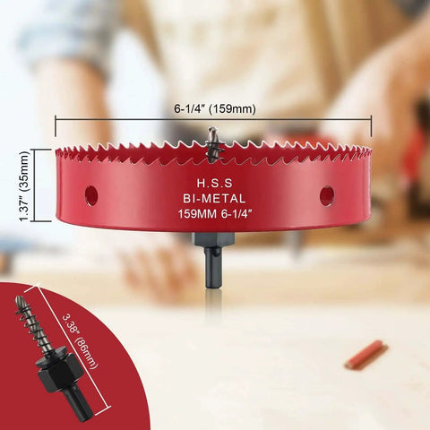 Red Bi Metal Hole Saw Kit For Recessed Lighting And More Six And A Quarter Inch Diameter 159 Millimeter Cutting Depth 32 Millimeter Pilot Bit shown