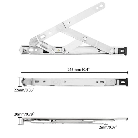 Dimensions of the 4 Pack 10 Inch Casement Window Hinges and Concealed Friction Stays in Stainless Steel, showing length, width, and thickness.