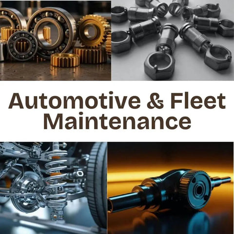 Automotive parts and tools for automotive & fleet maintenance. Various metal bearings, nuts, springs, and couplings in a workshop setting.