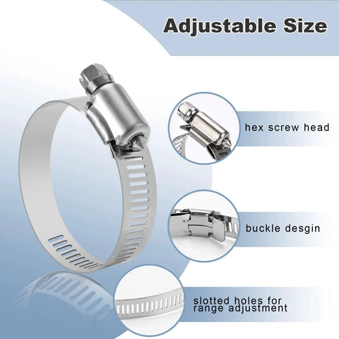 Close-up of 22 Piece Premium Stainless Steel Hose Clamp Assortment Kit For Plumbing And Automotive Use Worm Gear Clamps One Quarter To Two Inches Six To Fifty One Millimeters Versatile Small To Medium Sized Clamps For Home Workshop And Industrial Repairs with adjustable size features.