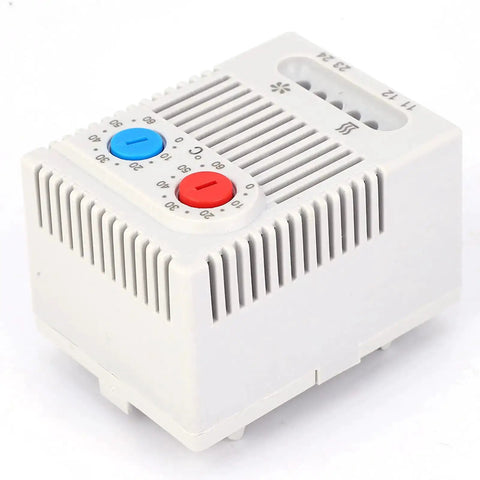 Front view of Adjustable Mechanical Thermostat Switch for Industrial Use, built tough with impact resistant housing, 35mm DIN rail mount.