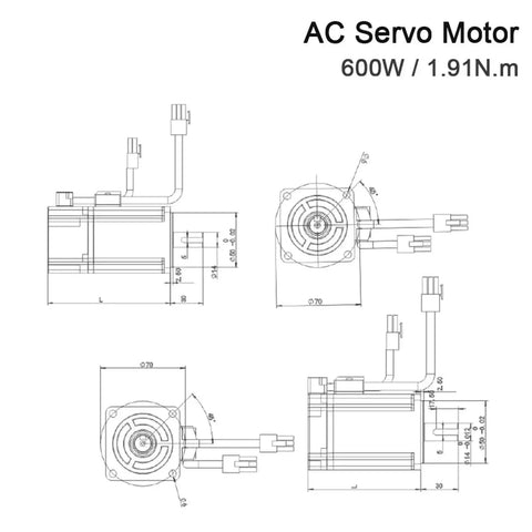 Technical diagram of 600W AC Servo Motor With 1.91 Nm Torque, 3000 RPM, 230V Single-Phase Drive For Industrial Control Applications Model 60ST M01930 Without Brake, Drip-Proof Housing, IE4 Efficiency, Delivers Precise Smooth Motion For CNC And Automation