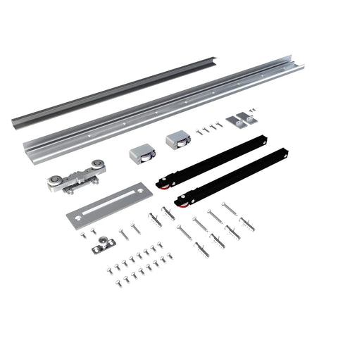 Concealed Sliding Barn Door With Soft Close Hardware Kit including rails, rollers, and fasteners for smooth, hidden installation.