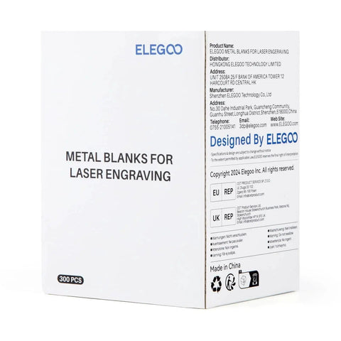 Pro Grade Aluminum Laser Engraving Blanks Set 300 Pcs box showing product details with company logo and specifications.