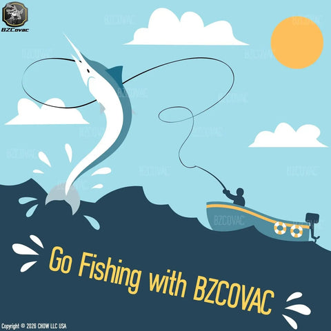 Illustration of a person fishing from a boat with a marlin in the air, sunny sky background, text "Go Fishing with BZCOVAC"