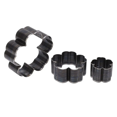 Leather Cutting Dies Set With Flower Shape Belt Hole Punches Three Piece Die Cutter Kit in One Point Two Inch Two Inch and Two Point Eight Inch for Handmade Leather Projects And Pro Grade DIY Crafts, front view of alloy steel flower punches.