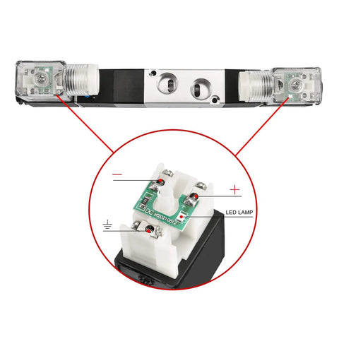 Close-up of Industrial Grade 5 Way 3 Position Internally Piloted Pneumatic Solenoid Valve 4V230-08C with 12V DC coil details