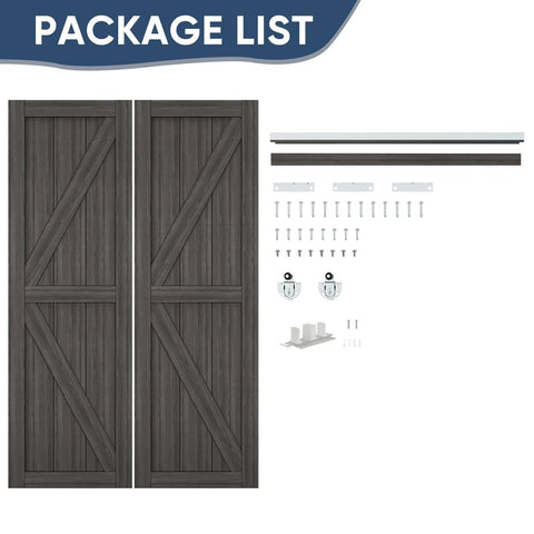Double K Shape Sliding Closet Door 48 By 80 Inches With Hardware Kit And Matching Fascia, Solid Wood Slab With Waterproof And Scratch Resistant PVC Surface, Preassembled For Easy Install, Gray, showing doors and hardware kit.