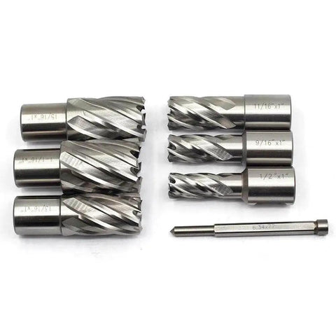 7 Piece Annular Cutter Set With Weldon Shank For Magnetic Drill Press Beefy Hole Cutter Kit, 1 Inch Cutting Depth, Diameters From 0.5 To 1.0625 Inch, 2 Flats, HSS Mag Drill Bits, Includes Pilot Pin Oscarbide laid out on white surface