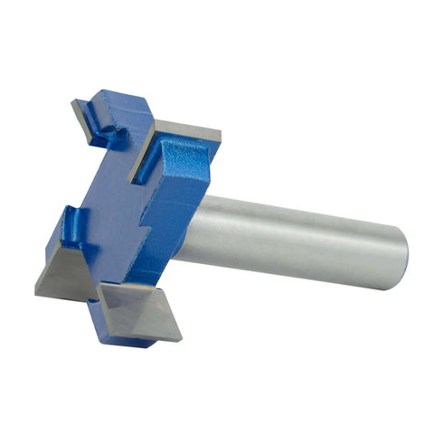 Front view of Pro Grade CNC Spoilboard Surfacing Router Bit, one half inch shank, two inch diameter, for slab flattening and planing.