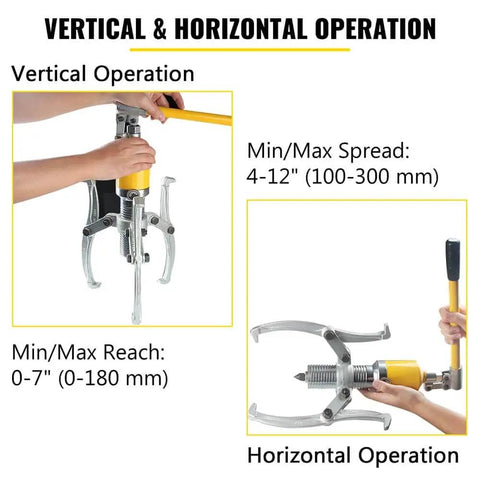Heavy Duty 15 Ton Hydraulic Gear Puller Workhorse With Adjustable Two Or Three Jaw Design demonstrating vertical and horizontal use