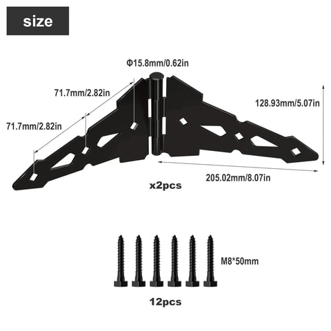 Diagram of 8 Inch Heavy Duty Gate Hinge for Wooden Doors and Fences, steel with black finish, includes screws, shows dimensions.