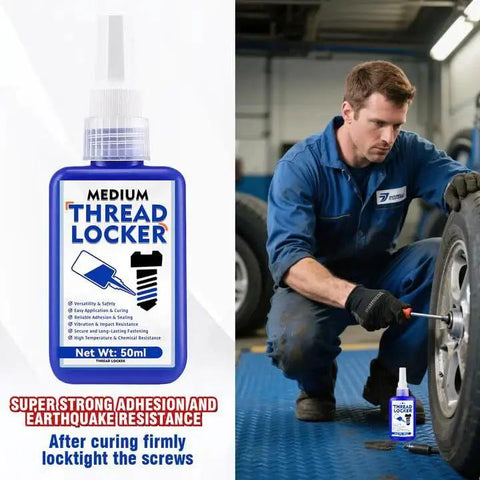 Blue Thread Locker 50ml Medium Strength Waterproof Threadlocker For Nuts Bolts And Fasteners That Keeps Screws Tight And Resists Loosening And Corrosion Even On Extreme Vibration Removable Releasable By Lubynia next to mechanic using it
