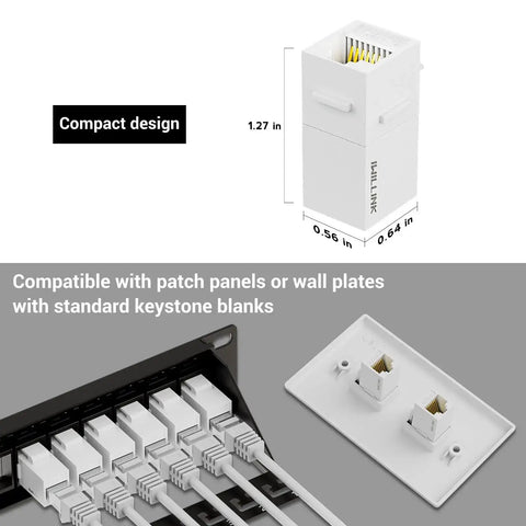 Compact Cat6 RJ45 Keystone Coupler 25 Pack Female to Female UTP Inline Jack dimensions and compatibility with wall plates and patch panels