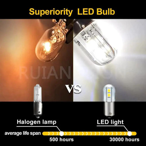 Comparison of halogen lamp vs BA9S LED Indicator Bulbs 120V AC DC Pack Of 20 Cool White for industrial control panels, showing lifespan difference