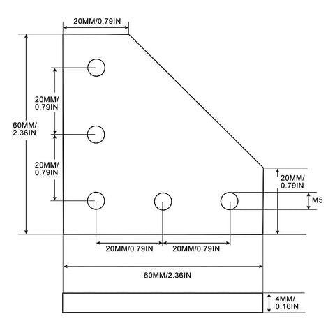 Technical drawing of Aluminum Extrusion Connector Plate Set for 2020 Series with dimensions and hole spacing.