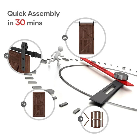 Sliding Barn Wood Door Slab 42 Inch By 84 Inch With 7ft Hardware Kit And Handle In Coffee Color K Shape Spruce Solid Wood Durable Rustic Door For Easy DIY Assembly With Clear Natural Grain assembly illustration