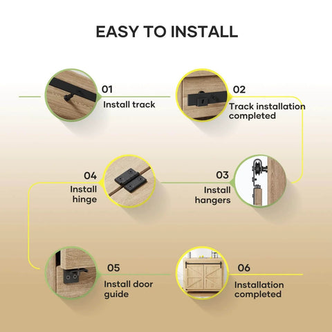 Installation steps for 6 Ft Mini Cabinet Bi Folding Sliding Barn Door Hardware Track Kit For 4 Doors Easy Install Ultra Smooth