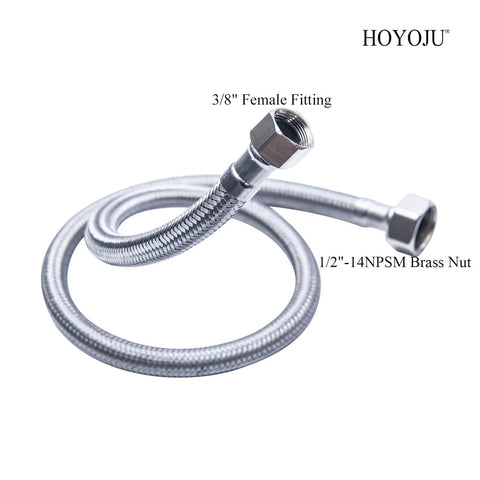 Braided faucet supply hose, 20-in, stainless steel lead-free, 1/2-14NPSM brass nut to 3/8-in female fitting, 2-pack