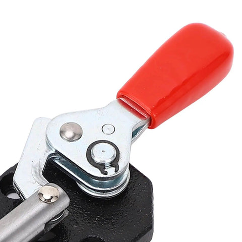 Close-up view of Heavy Duty Adjustable Push Pull Toggle Clamp With 500Lbs Holding Power for welding and woodworking, red handle.