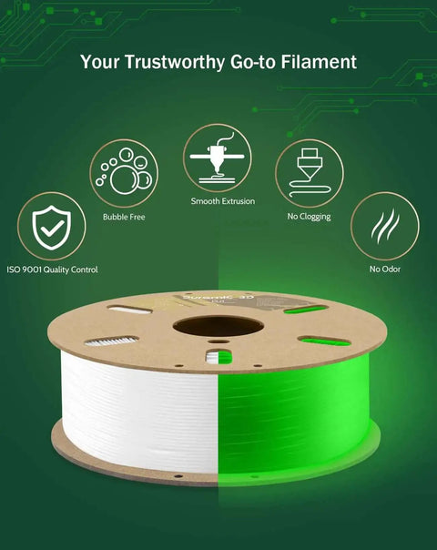 Glow in the Dark Green PLA Filament 1.75mm 1kg for 3D printing shown on spool with smooth extrusion and no odor benefits