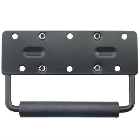 Heavy Duty Folding Spring Handle 125x81mm Black Steel Case Handle for Props Boxes and Tool Boxes, rubberized grip, front view.