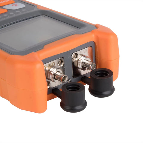 OFCN Mini 4-in-1 optical power meter, orange handheld device with two metal fiber connectors and rubber boots