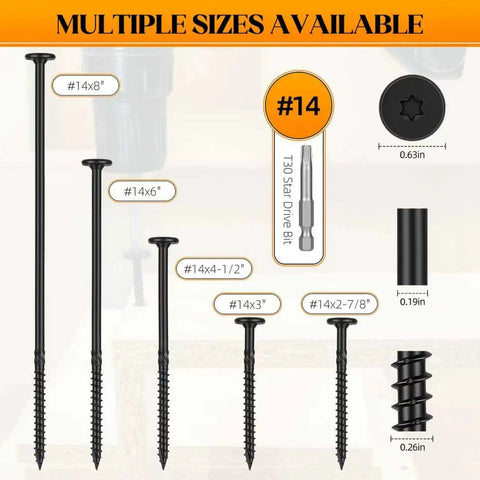 Heavy Duty Exterior Deck Screws For Timber And Log With Rust Resistant Four Layer Epoxy Coating Torx Drive T30 Bit Included Size Fourteen By Two And Seven Eighths Inches Fifty Pack Black Finish various sizes image
