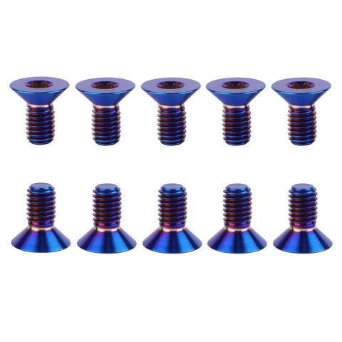 Beefy Titanium Torx Bolts M5x10mm, countersunk flat head, fully threaded, burnt blue finish, pack of 10, Grade 5 Ti 6Al 4V alloy.