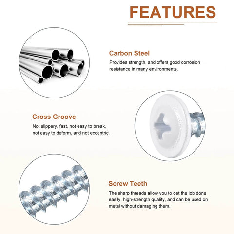 Image showing the features of 50 Piece Pack Size Eight Three Quarter Inch Phillips Head Self Tapping Screws Flat Head Carbon Steel High Strength Quick Tapping Wood Metal Plastic Screws White Finish Built Tough For Do It Yourself Projects.