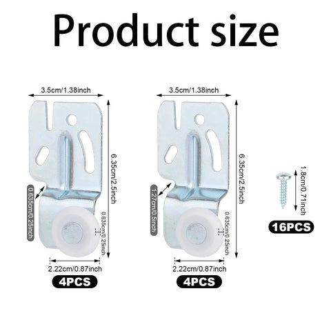 Eight-Piece Sliding Closet Door Roller Hardware Kit With Top Hung Bypass Upper Mount Track Wheels, size diagram and screws.
