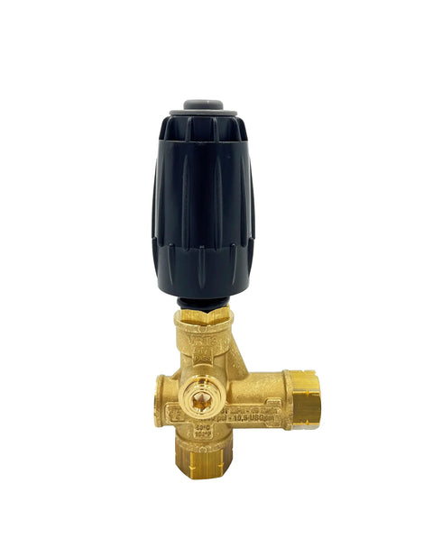 Pressure washer unloader valve with brass body and black adjustment knob