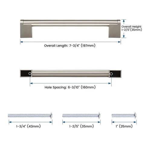 Diagram of 20 Pack Brushed Nickel Dresser Cabinet Pulls 6-3/10 Inch Hole Centers 160mm 7-3/4 Inch Overall Length with screw sizes