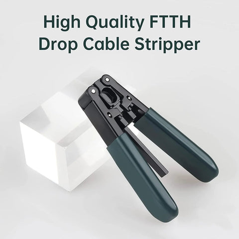 FTTH fiber optic drop cable stripper tool, front view with green handles and black head.