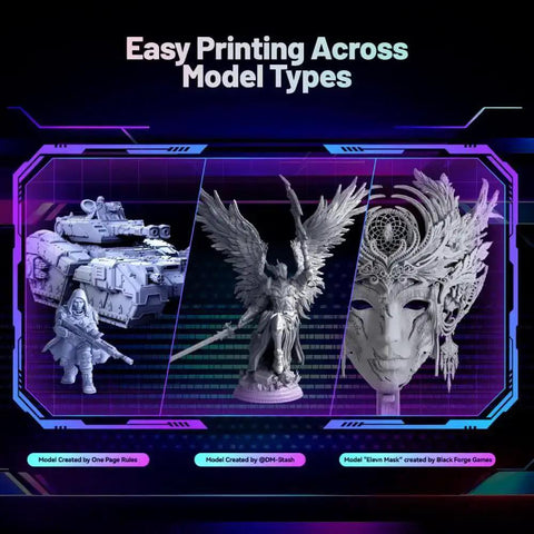 Various 3D printed models showcasing RS Resin 3D Printer With Beefy 8.74 By 4.8 By 8.98 Inch Build Volume For Parts