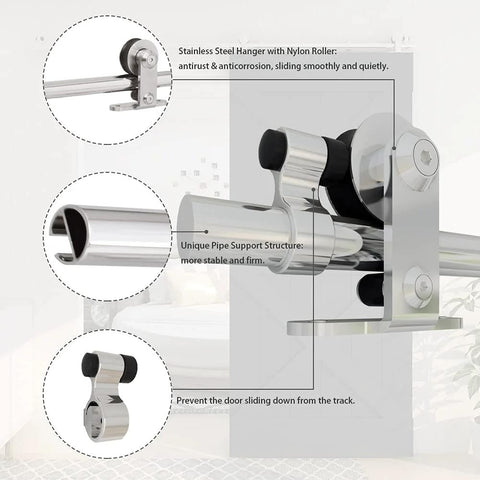 Close-up of 9.6Ft Top Mount Sliding Barn Door Hardware Kit in Satin Brushed Stainless Steel, showing rollers and track details.