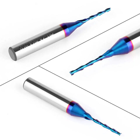 Upcut Spiral Router Bit With One Quarter Inch Shank And One Sixteenth Inch Cutting Diameter Solid Carbide Blue Nano Coated CNC Router Bit For Wood Carving And Engraving Built For DIYers And Pros Alike EANOSIC displaying side view on white background.