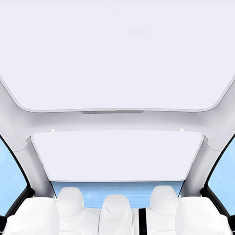 Tesla Model 3 Roof Sunshade Upgrade Full Coverage Sunroof Shade UV Protection installed in car interior view from backseat