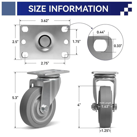 Size dimensions of Heavy Duty 4 Inch Caster Wheels Set Of 4 For Cart And Workbench Non Marking Rubber Casters With 1200 Pounds Capacity.
